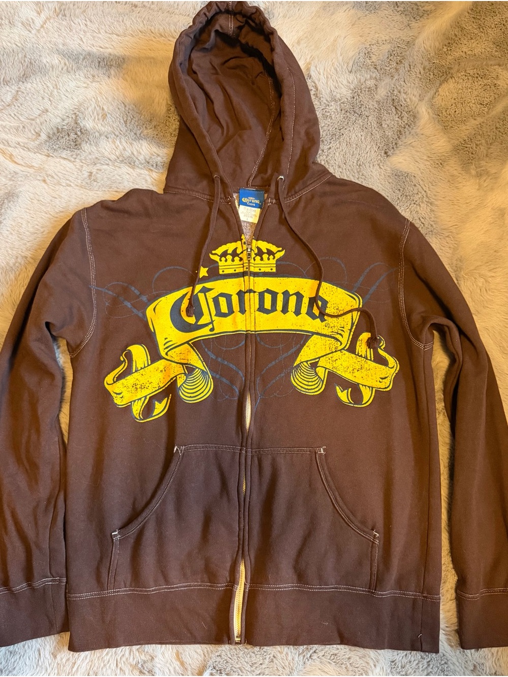Corona Mens Brown Hoodie with Yellow Logo Zip-Up
